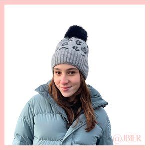 Adrienne Landau Leopard Beanie with Faux Fur Pom in Gray